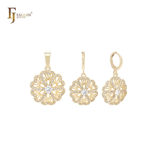 Conjunto de joias de ouro 14K com zircônias cúbicas brancas e pingente de flores
