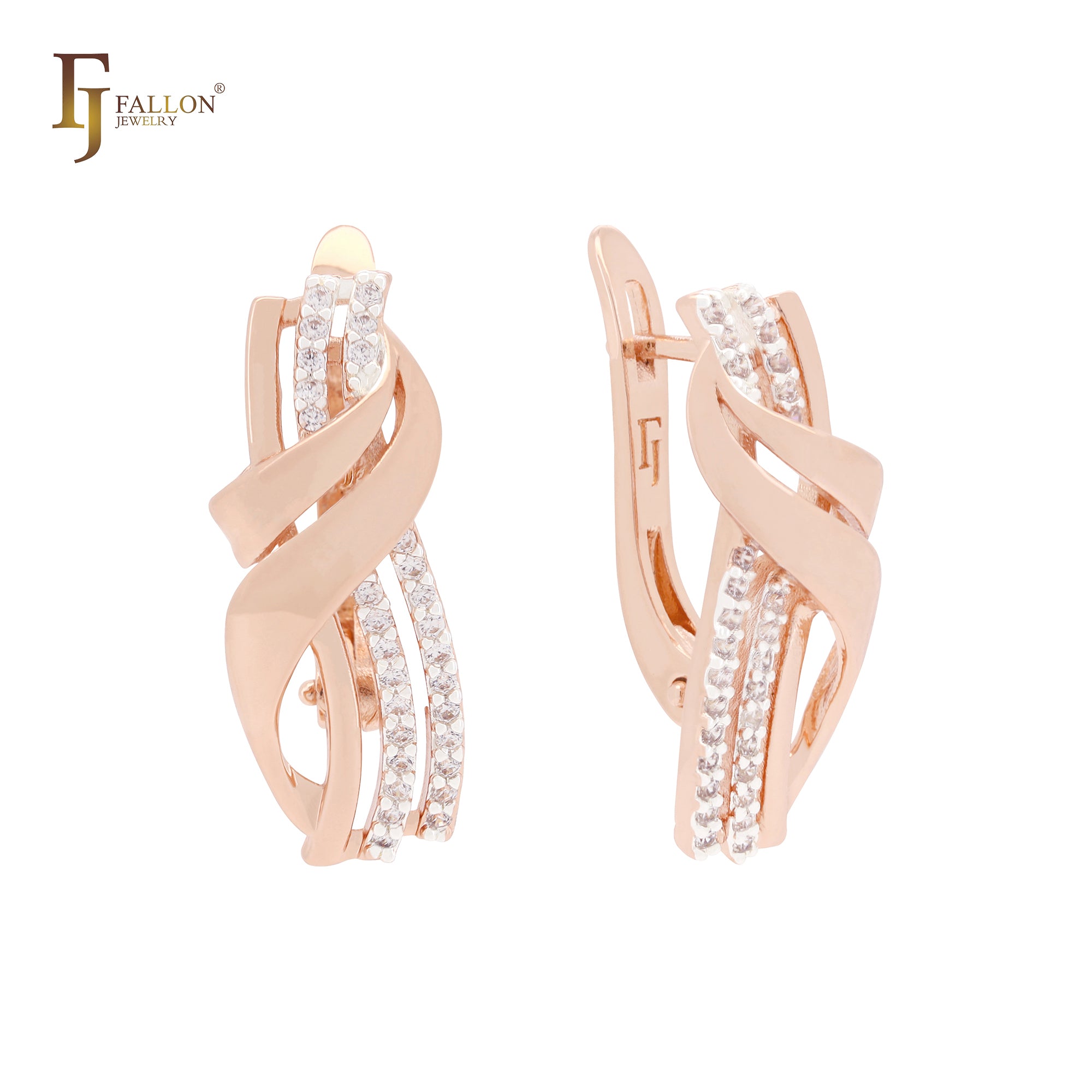 Layers interlocking ribbons white CZs Rose Gold two tone Russian Lock Earrings