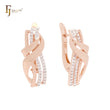 Layers interlocking ribbons white CZs Rose Gold two tone Russian Lock Earrings