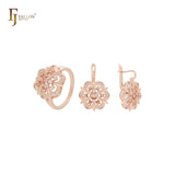 Cluster em forma de flor CZs brancas em ouro 14K, conjunto de joias em ouro rosa com anéis