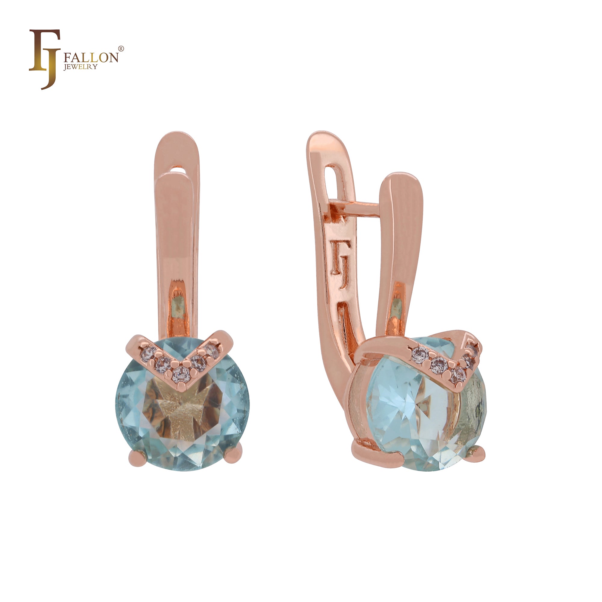 Chevron arrow of white CZs clawing solitaire lake blue CZ Rose Gold Russian Lock Earrings