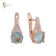 Rounded big solitaire Lake blue CZ Rose Gold two tone Russian Lock Earrings