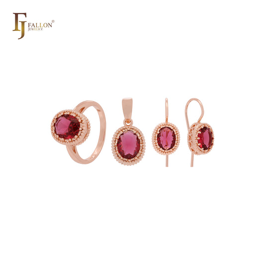 Halo Beads Solitaire Red CZ Rose Gold Jewelry Set with Rings and Pendant