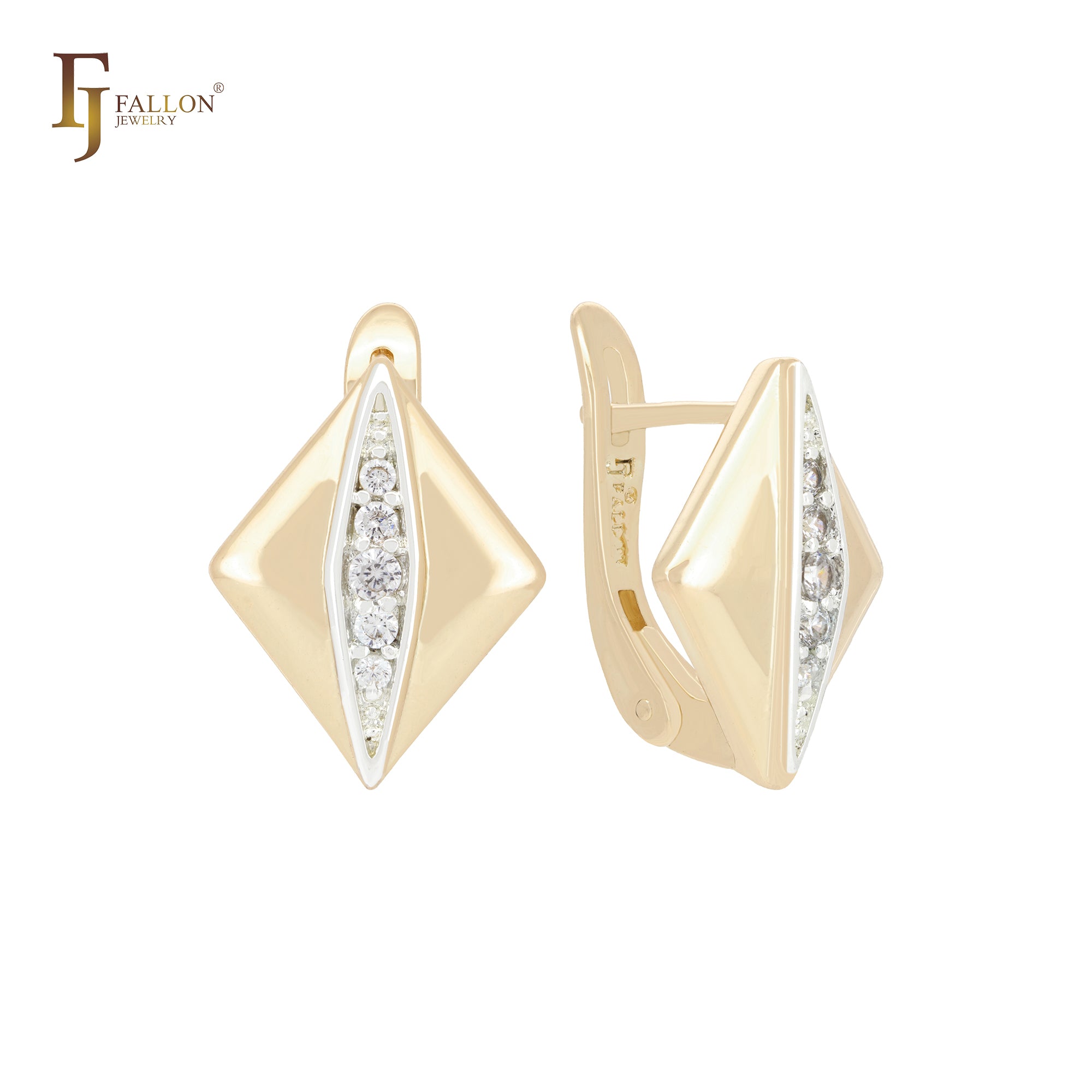 Rhombus slash of white CZs Rose Gold two tone Clip-On Earrings
