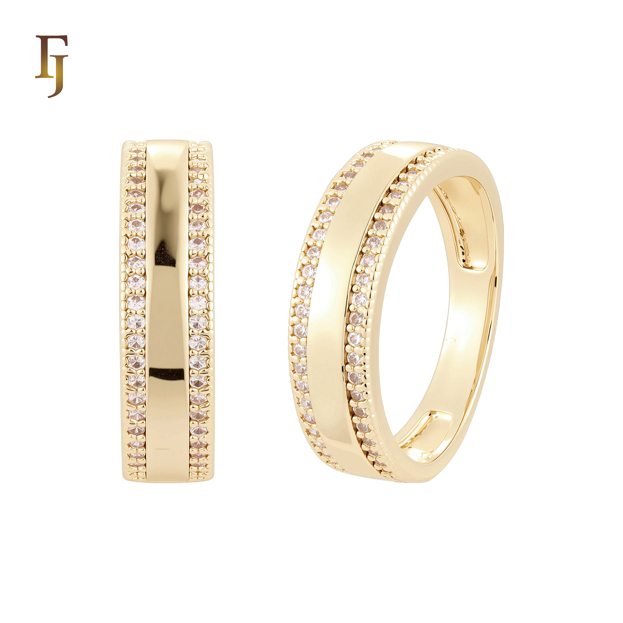 Flank double paved white CZs 14K Gold Wedding Set Rings Engagement and Band