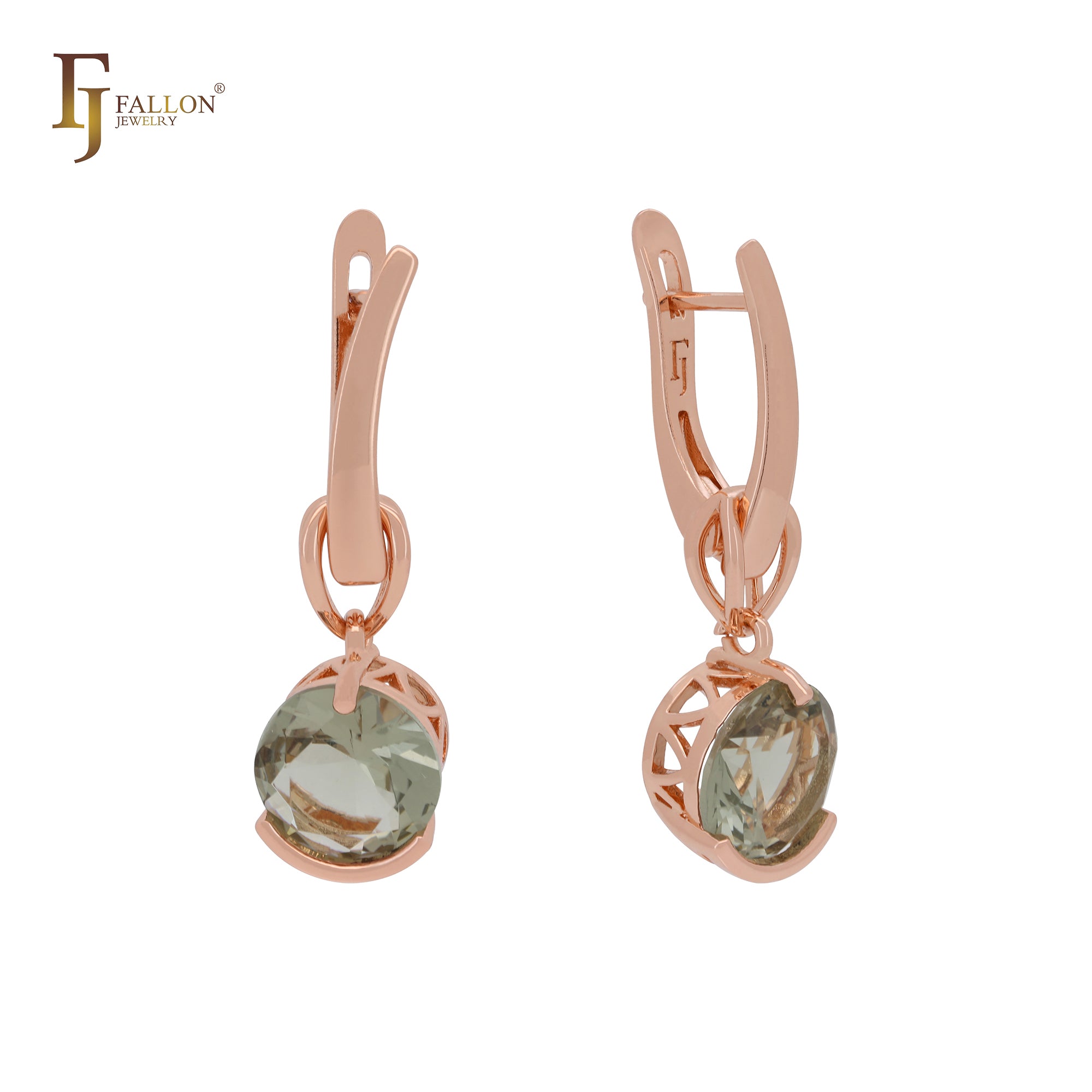 Solitaire rounded Apple green cZ Rose Gold Russian Lock Earrings