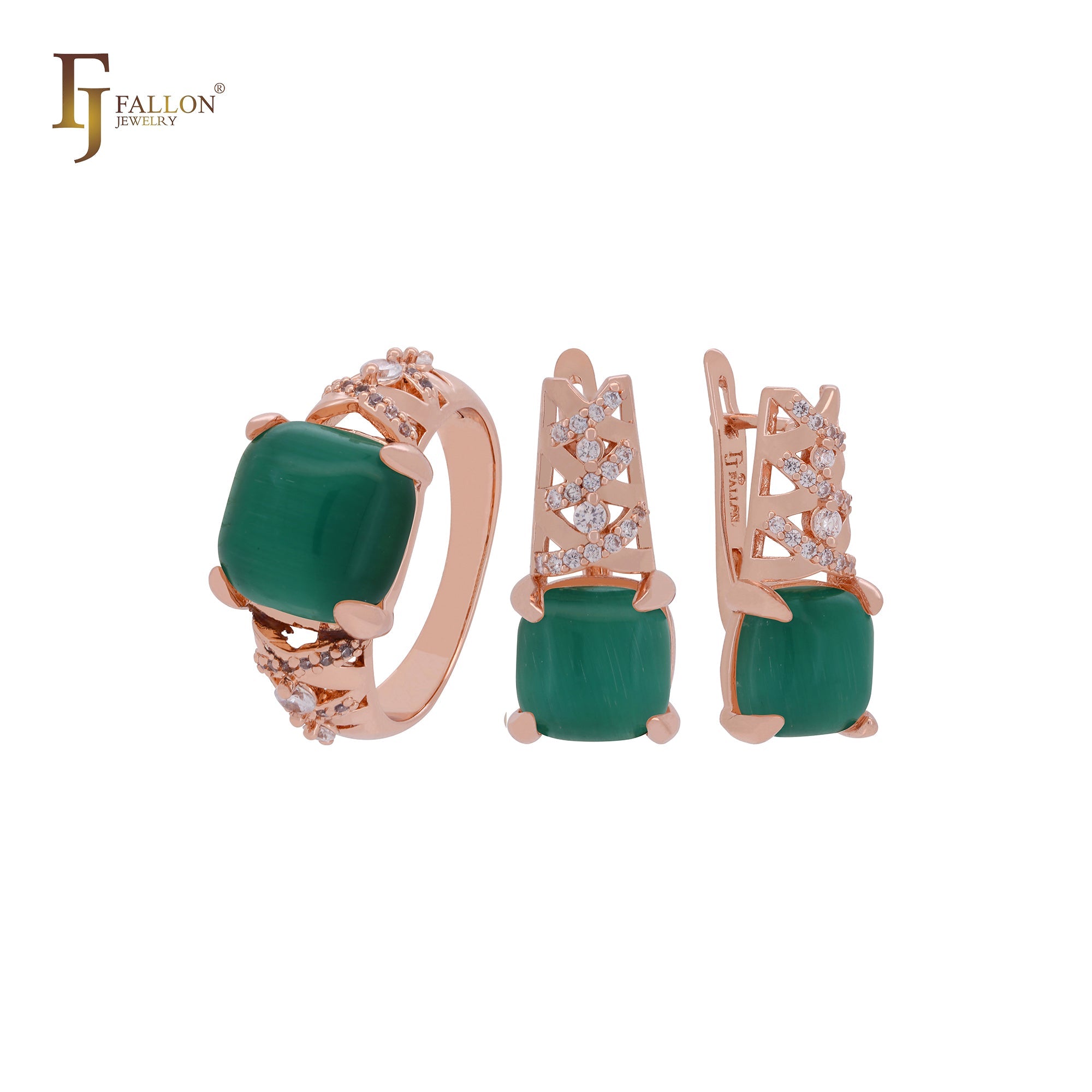 Solitär großer quadratischer Cabochon CZ Roségold, 14 Karat Gold zweifarbiges Schmuckset mit Ringen