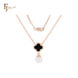 Pearl with Clover of white or Black Rose Gold Fashion Necklace