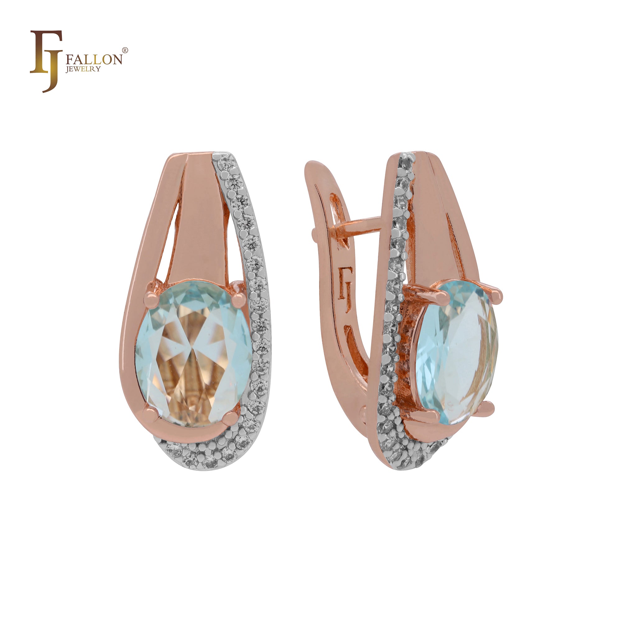 Solitaire oval white CZ Rose Gold Russian Lock Earrings