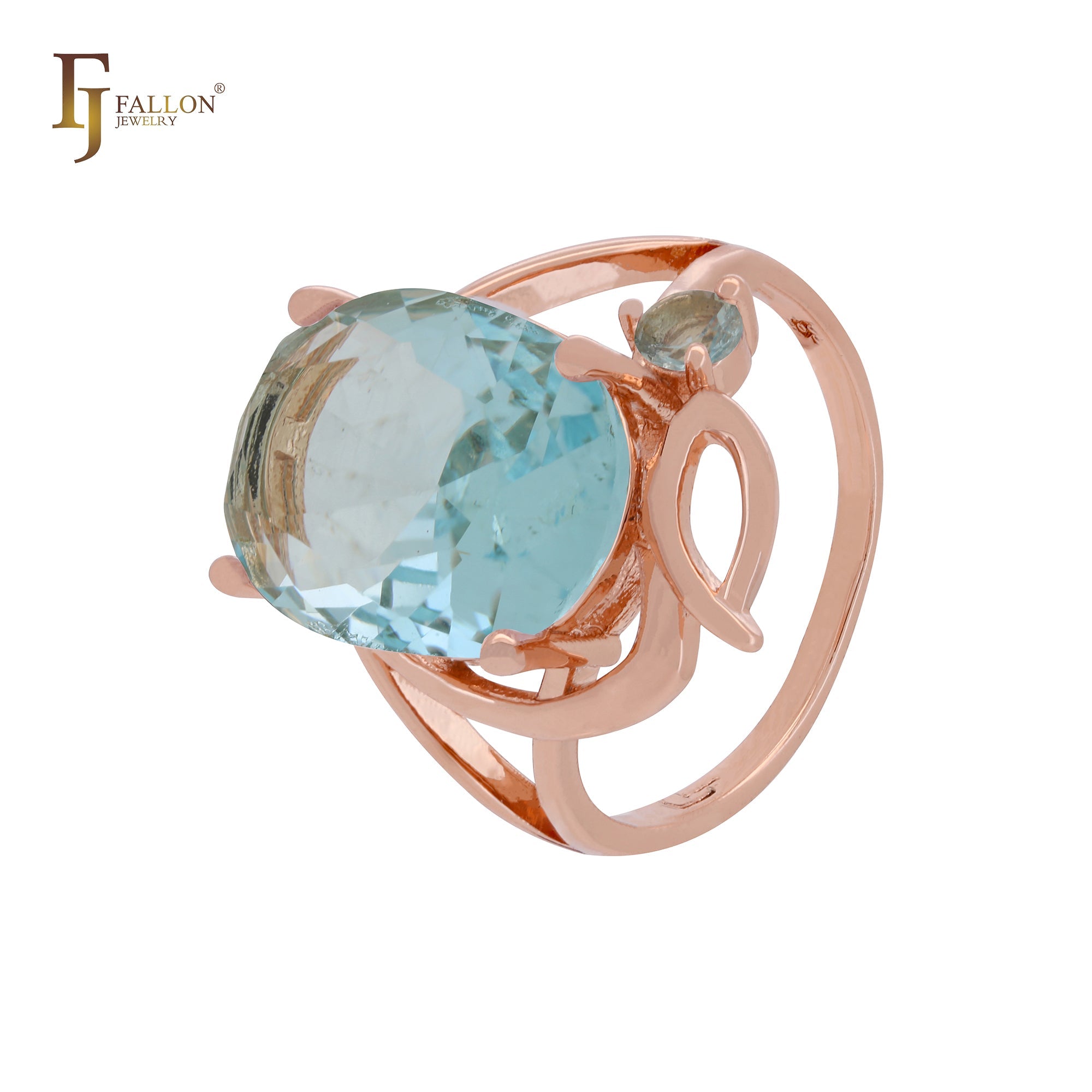 Anillos de moda de oro rosa lujosos con solitario grande ovalado gigante en circonitas blancas, naranjas o azul lago.