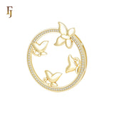 Halo circle of white CZs butterflies 14K Gold Fashion Pendant