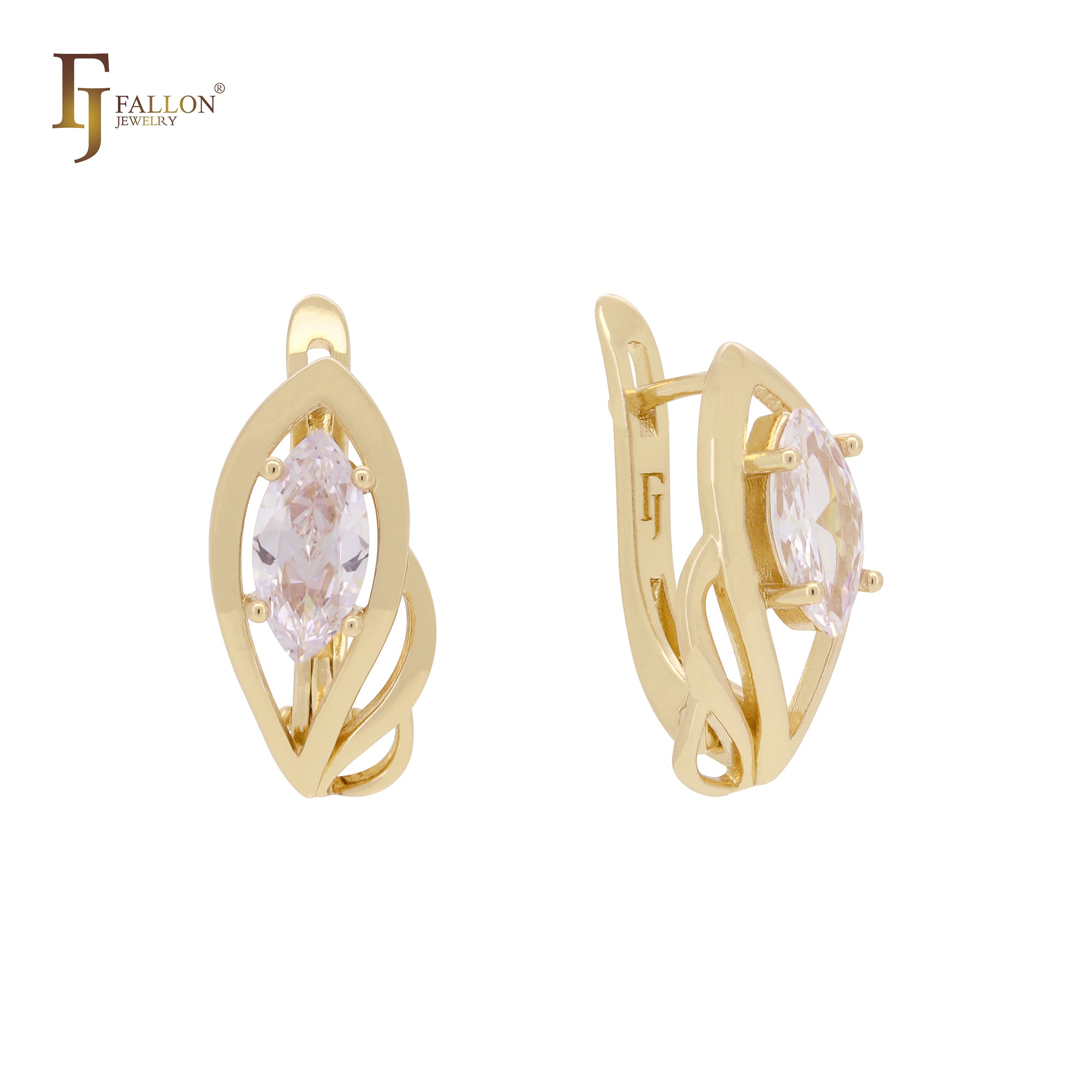 Solitaire Marquise White CZs minimalism 14K Gold Russian Lock Earrings