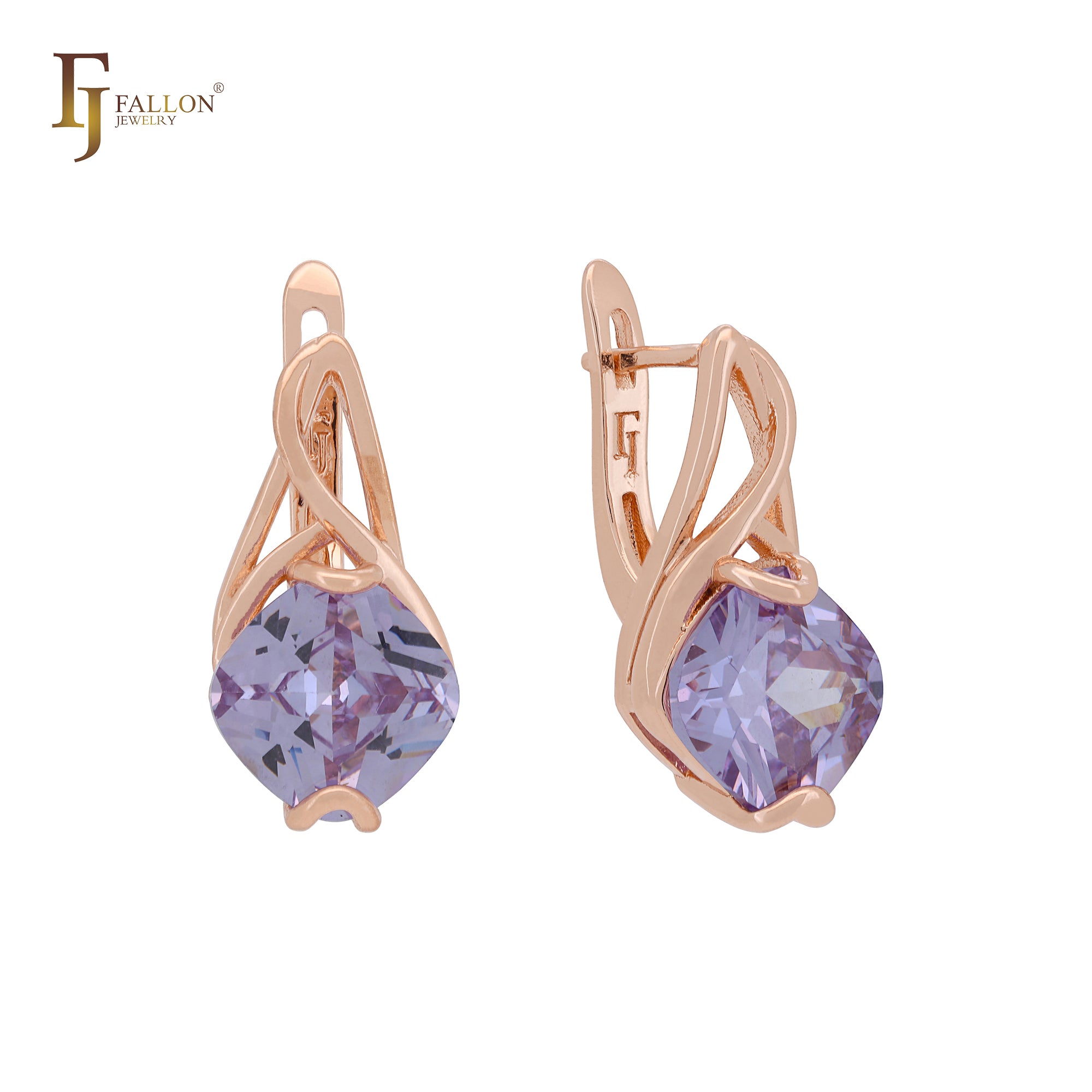 Elegant cushion cut solitaire CZ Rose Gold Russian Lock Earrings