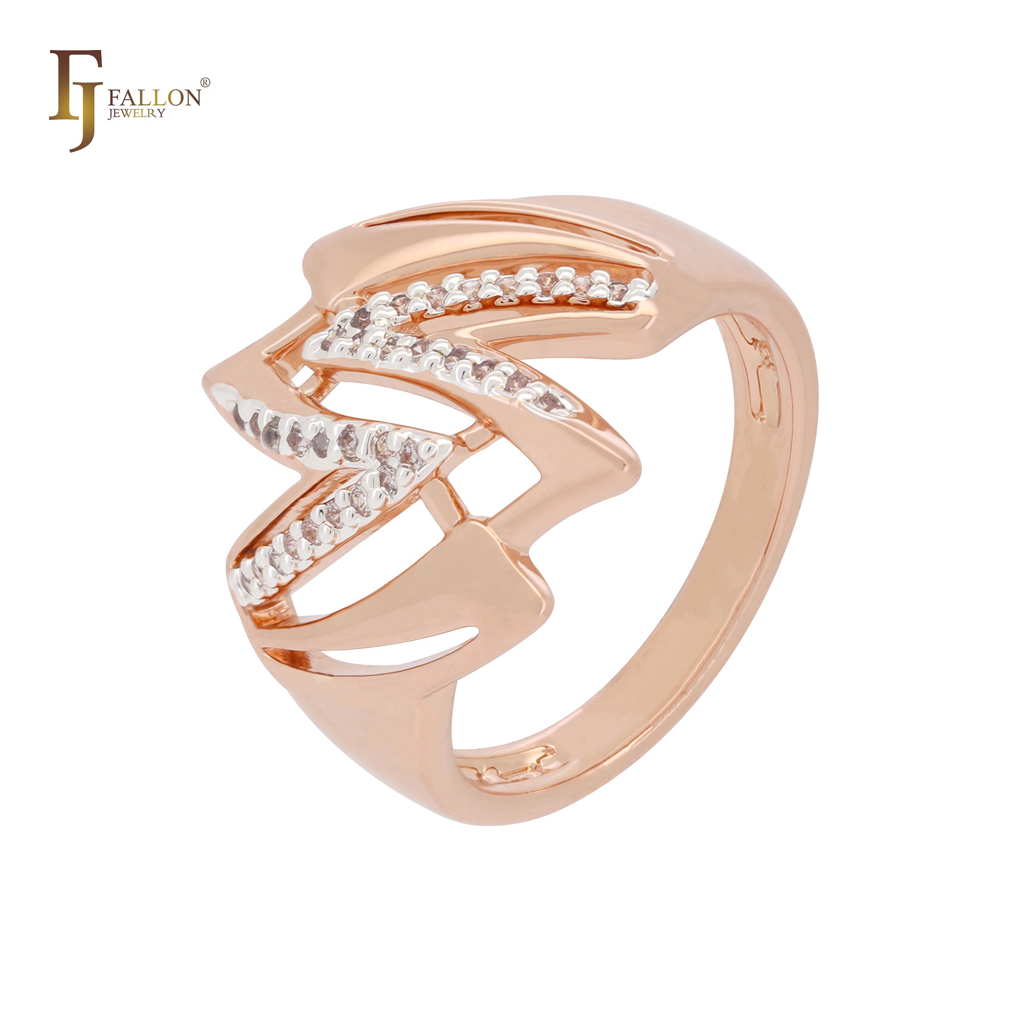 Anillos de moda en oro rosa de dos tonos con circonitas blancas en zigzag y símbolo de rayo