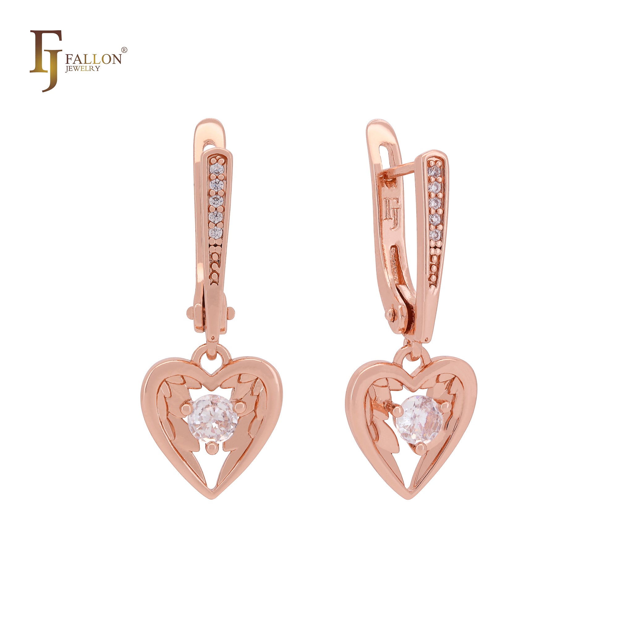 Angel's Wing with heart white CZ Rose Gold Russian Lock Earrings