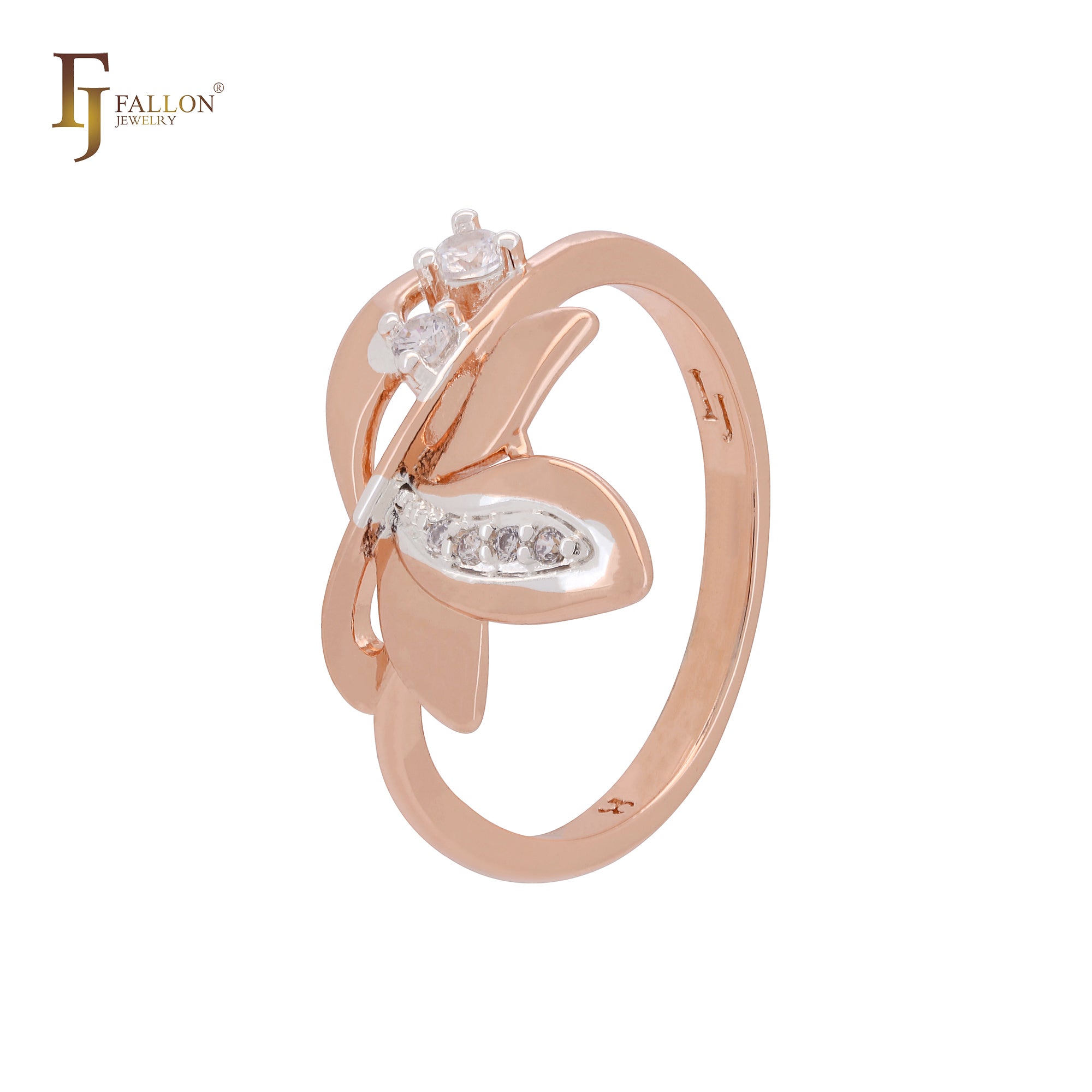 Anéis da moda em dois tons com folhas elegantes de zircônia cúbica branca e ouro rosa