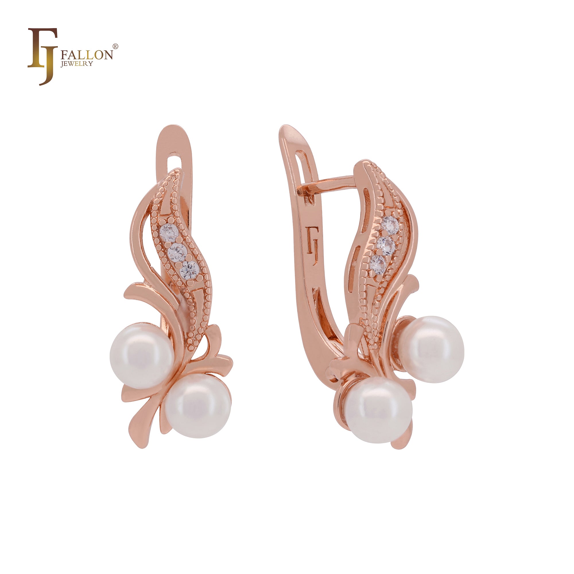 Double pearls on an elegant leave Rose Gold Russian Lock Earrings