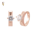 Geometric double white CZs paved 14K Gold, Rose Gold Wedding Set Rings Engagement and Band