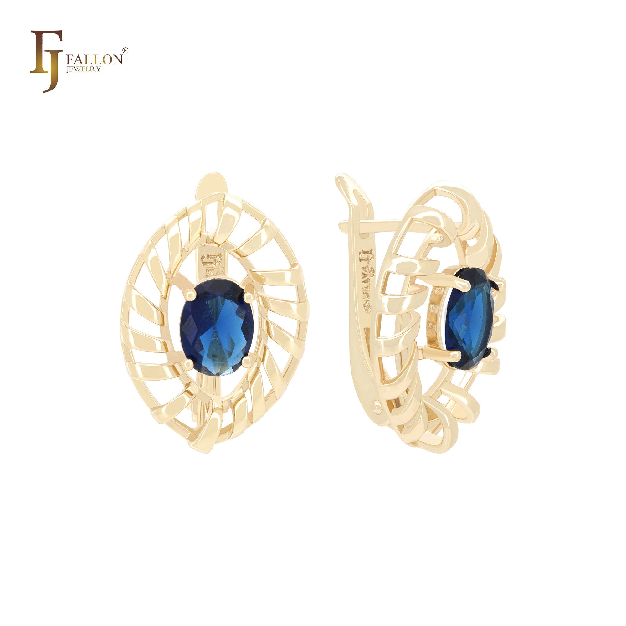 Marquise spinning solitaire oval blue CZ 14K Gold Russian Lock Earrings
