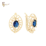 Marquise spinning solitaire oval blue CZ 14K Gold Russian Lock Earrings