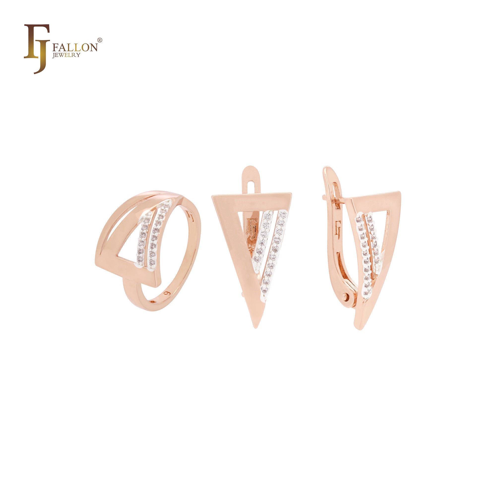 Conjunto de joyas de oro rosa en dos tonos con circonitas blancas triangulares geométricas y anillos