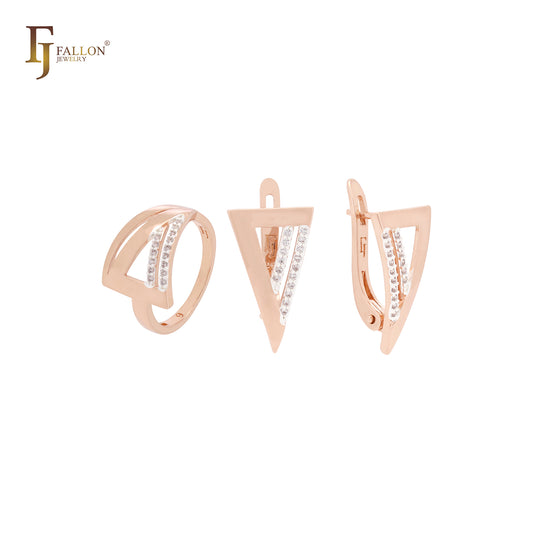 Geometrisches dreieckiges Schmuckset mit weißen Zirkonia-Steinen und Ringen in Roségold, zweifarbig