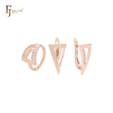 Conjunto de joyas de oro rosa en dos tonos con circonitas blancas triangulares geométricas y anillos