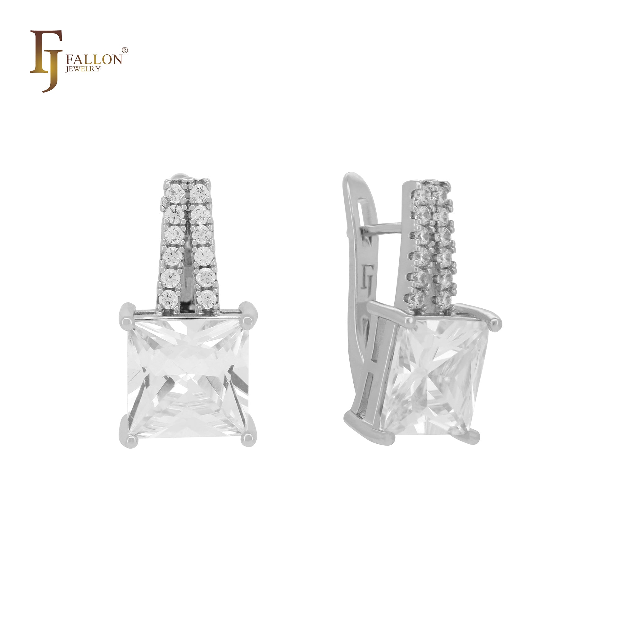 Princess cut white CZs solitaire 14K Gold, Rose Gold Russian Lock Earrings