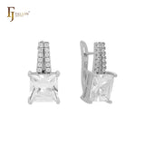 Princess cut white CZs solitaire 14K Gold, Rose Gold Russian Lock Earrings