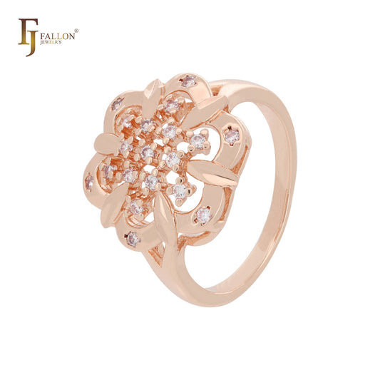 Cluster em forma de flor CZs brancas em ouro 14K, anéis de ouro rosa
