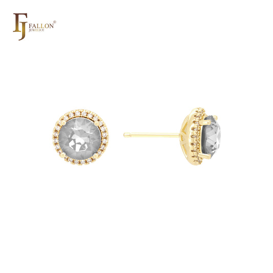 Brincos de pino de ouro 14K com halo de corte arredondado radiante e zircônias cúbicas brancas