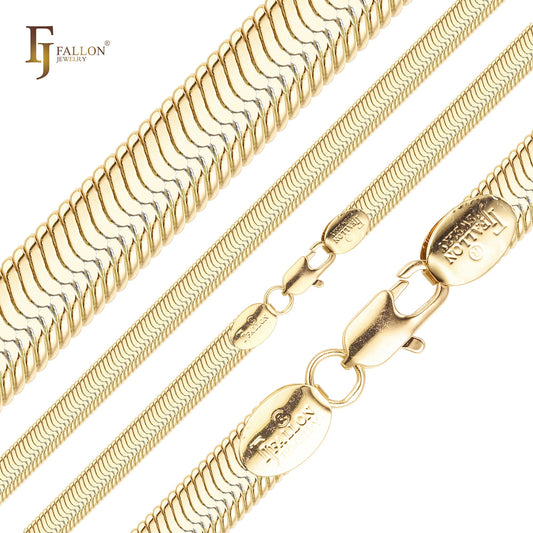Classic flat snake Herringbone chains plated in 14K Gold, Rose Gold, two tone