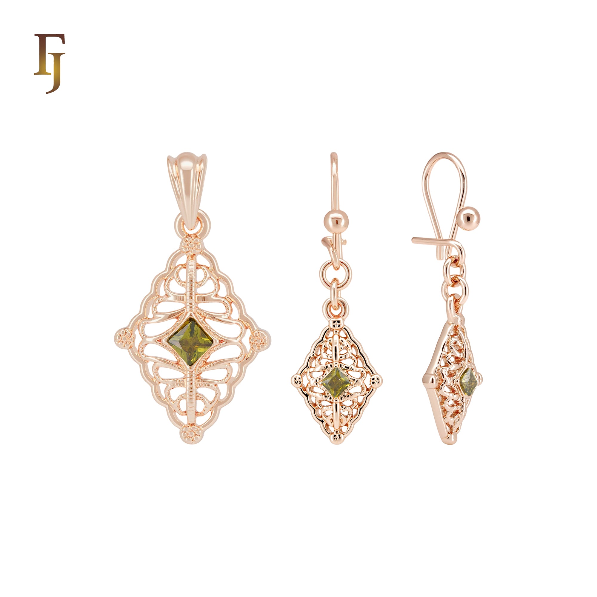 Olive Green Asscher Cut Solitaire CZ Rose Gold Jewelry Set with Pendant
