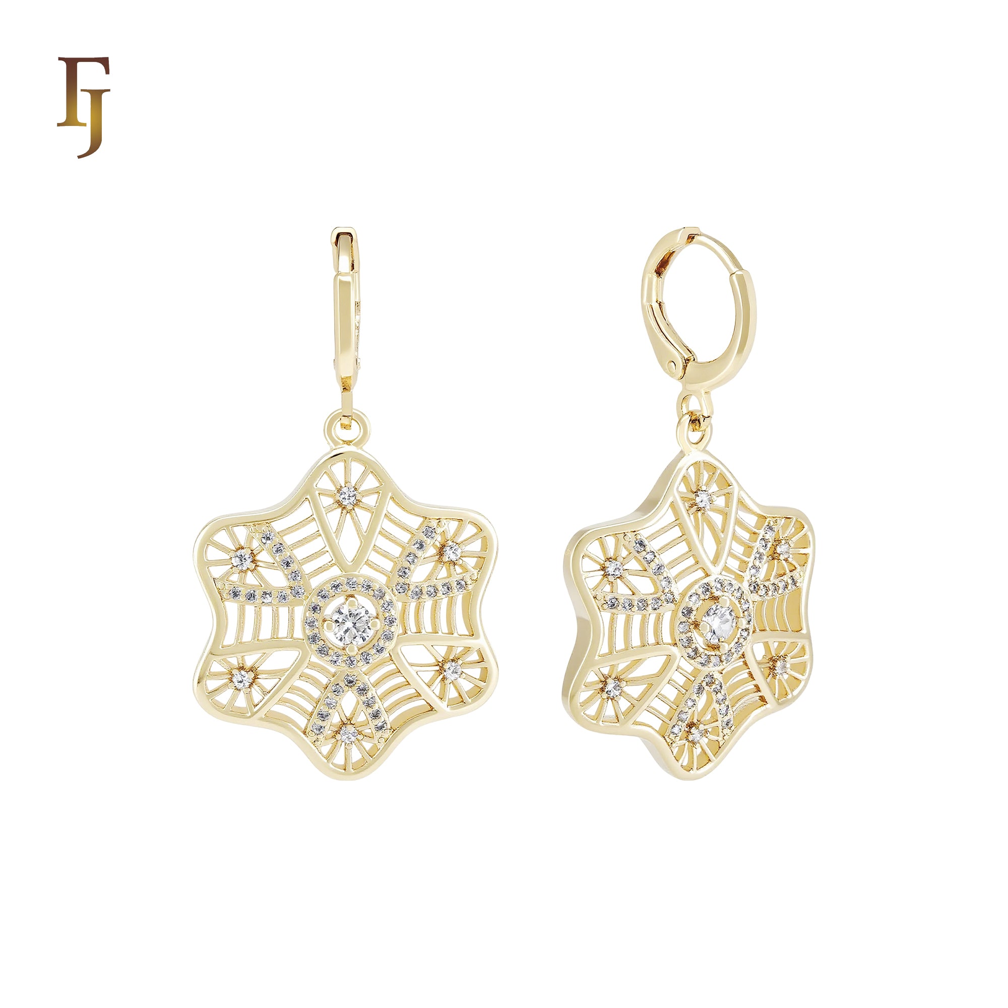 Drop Radiant Snowflake white CZs 14K Gold Huggie Earrings
