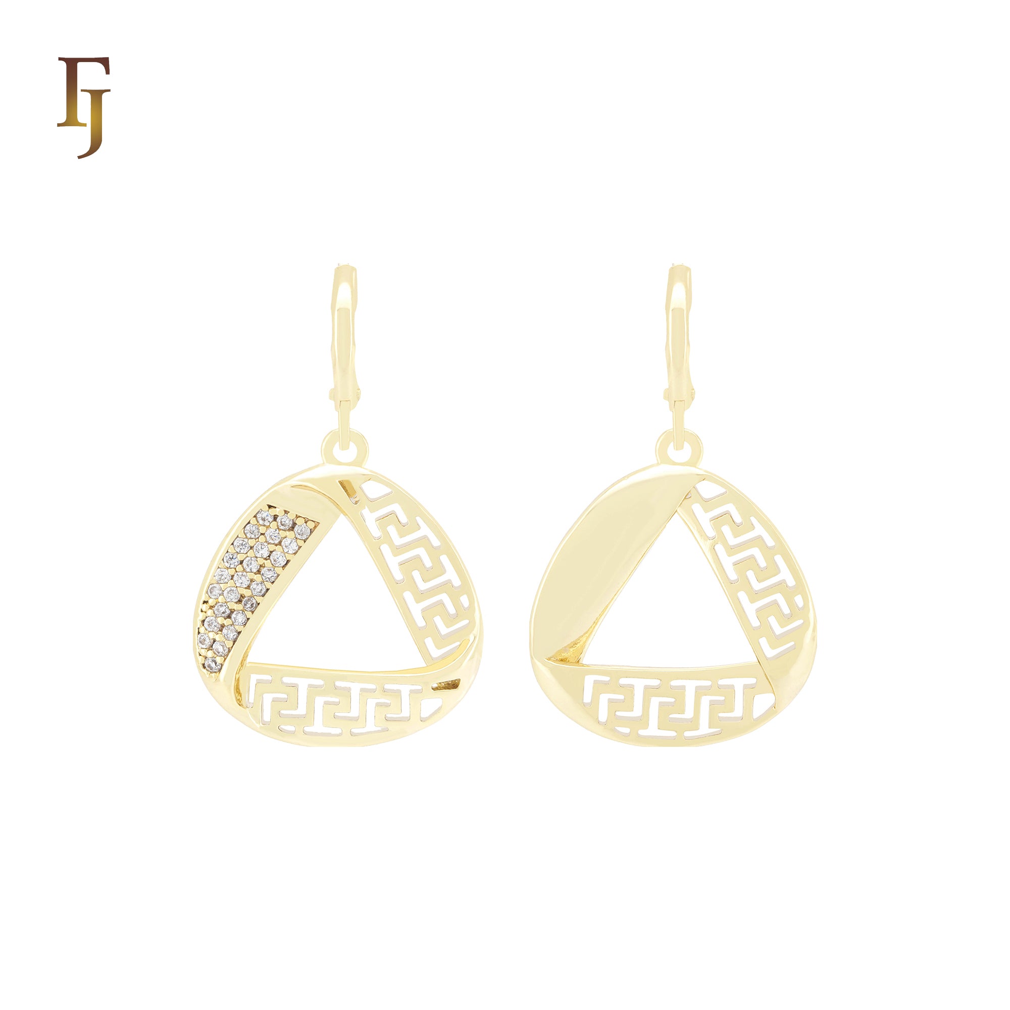 Twisted Ribbon of white CZs and Greek Key 14K Gold Huggie Drop Earrings