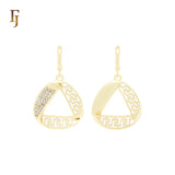Twisted Ribbon of white CZs and Greek Key 14K Gold Huggie Drop Earrings