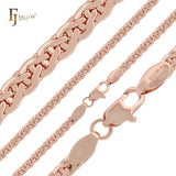 Compact Rounded C link 14K Gold, Rose Gold Side Hammered spiga Wheat chains