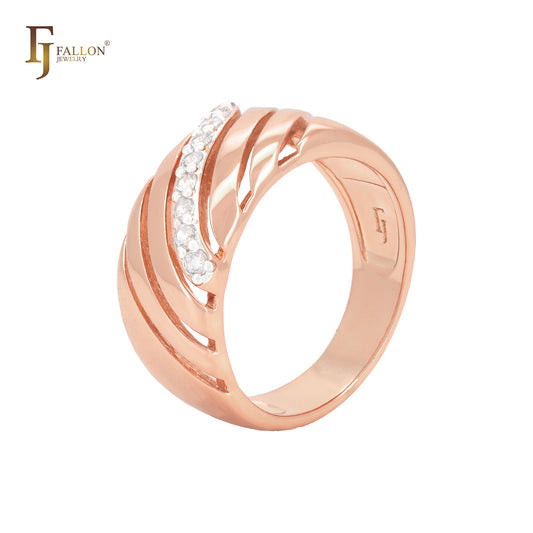 Janela de malha com CZs brancos em ouro rosa e anéis da moda em dois tons