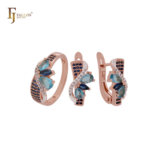 Cluster gemischte blaue Zirkonia Roségold Schmuckset mit Ringen