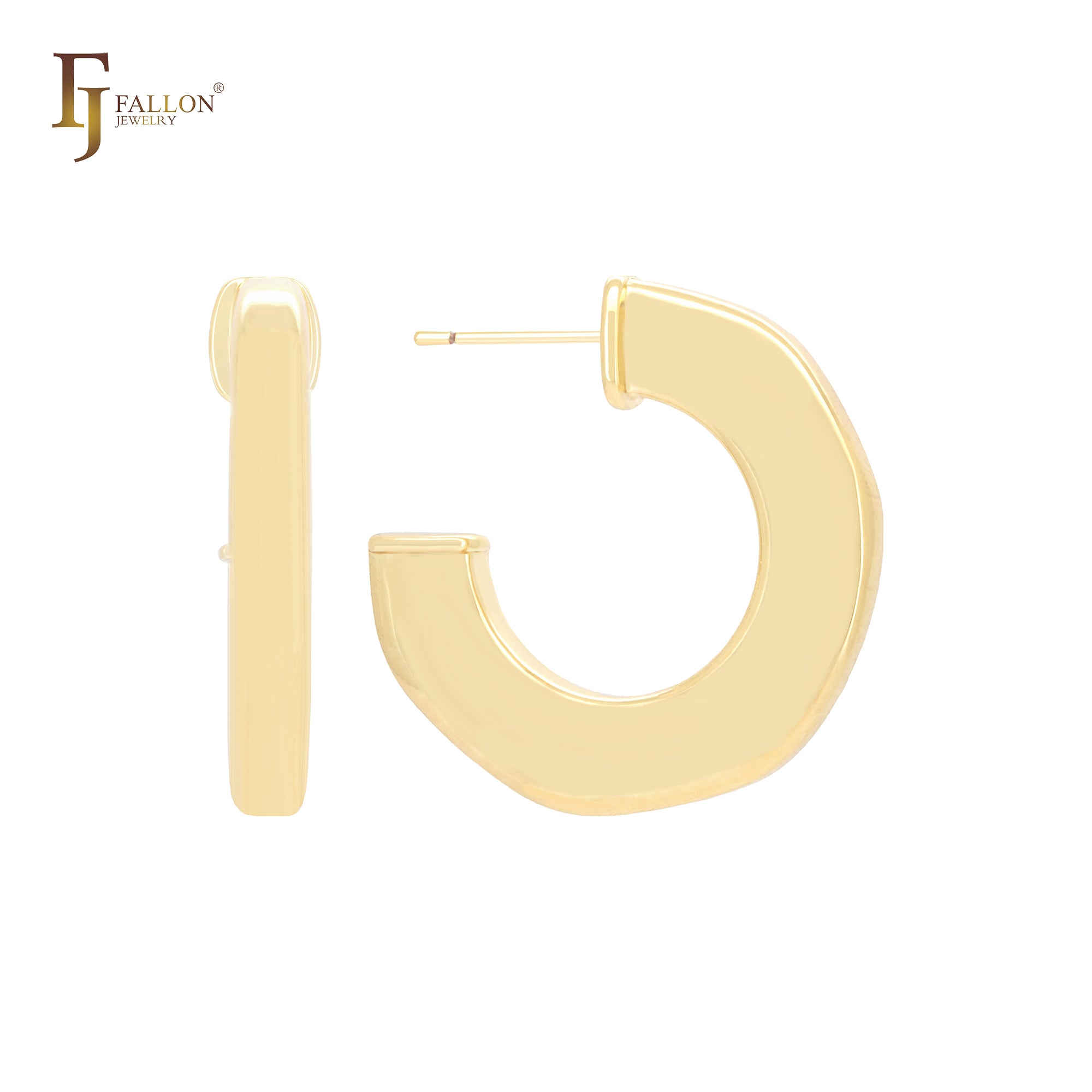 Brincos de argola em formato de C, tubo quadrado e robusto, em ouro 14K, ouro rosa e ouro branco