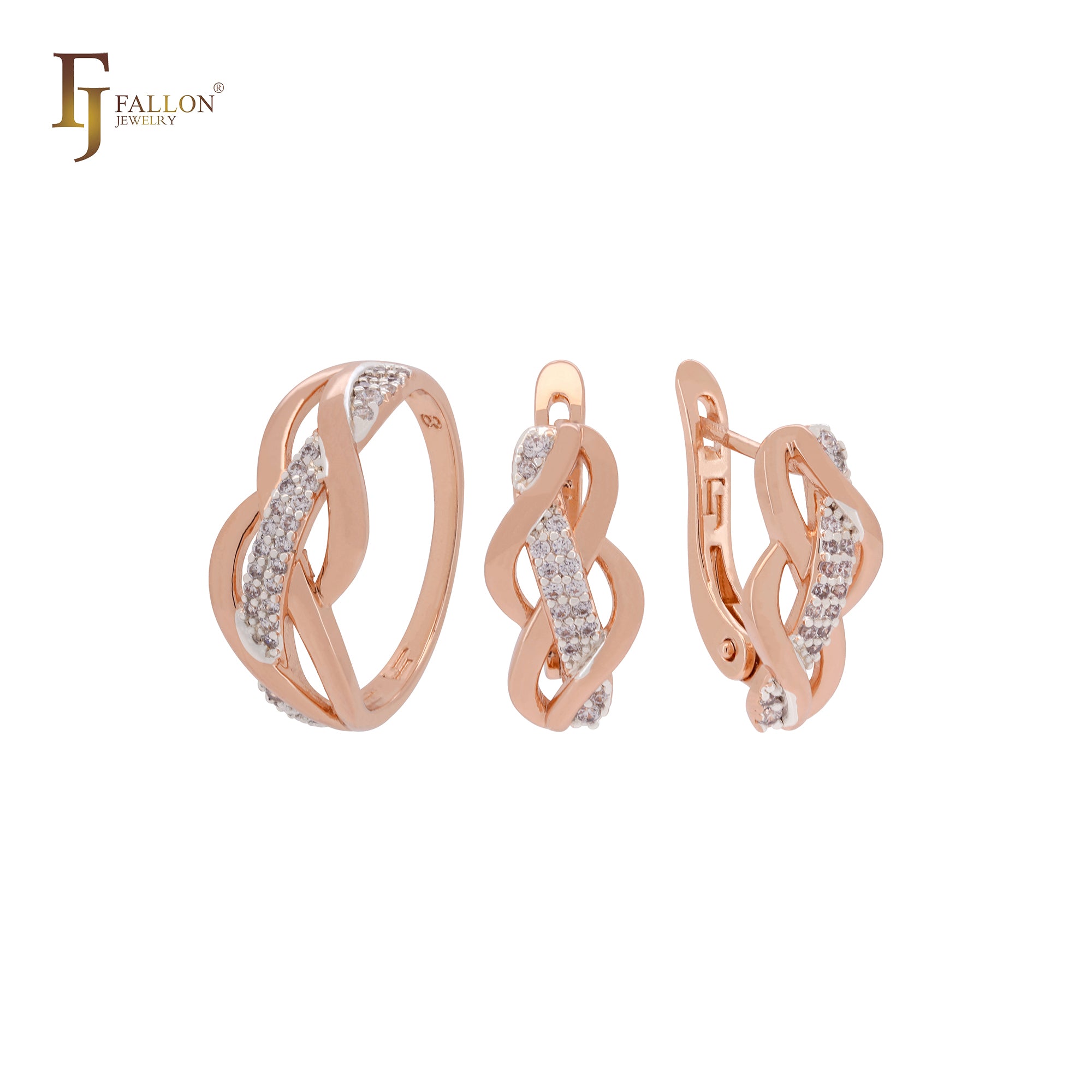 Anillos de moda de oro rosa de dos tonos con diseño geométrico de circonitas blancas entrelazadas