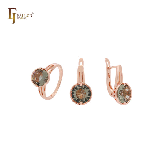 Conjunto de joyas de oro rosa con solitario redondeado verde manzana y anillos