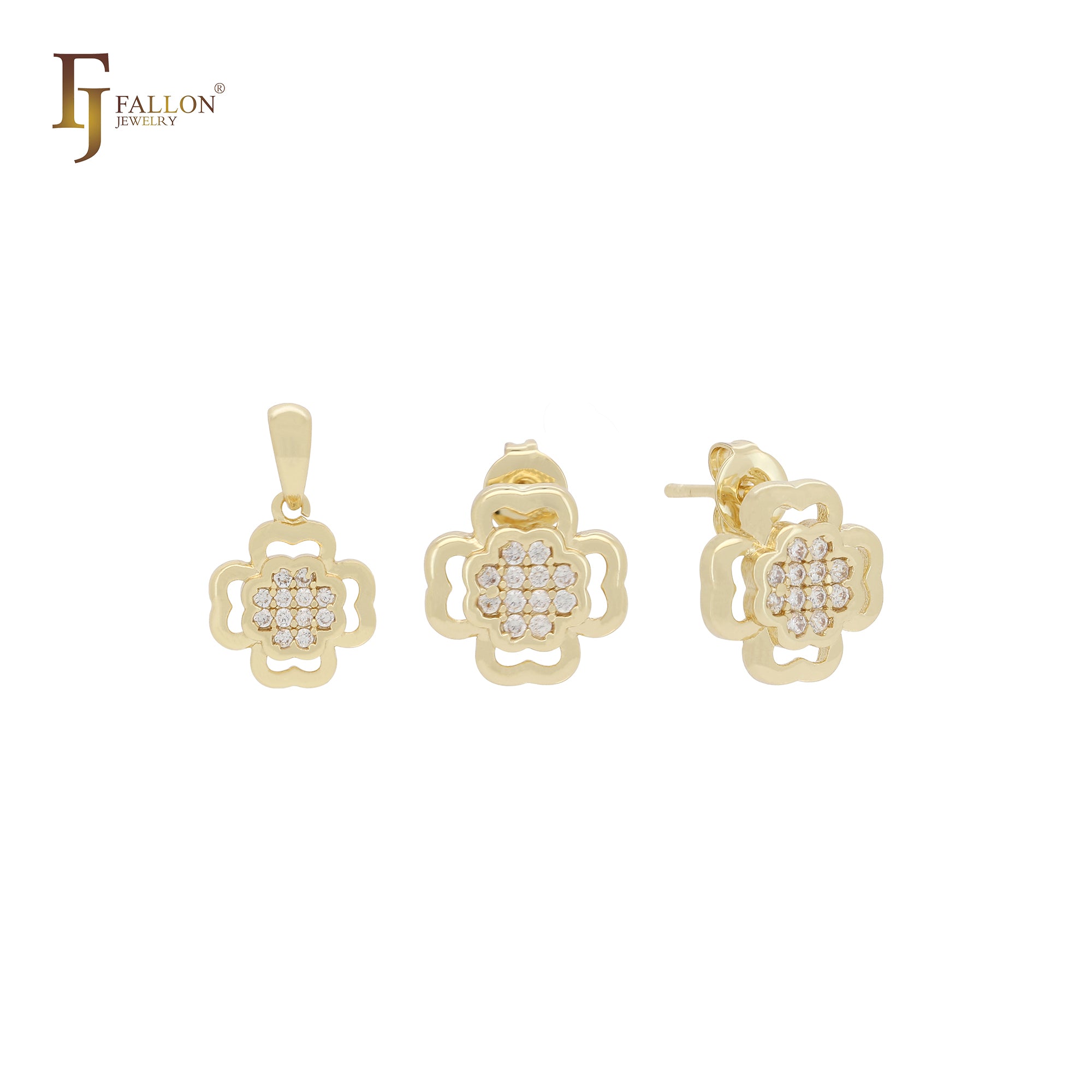 Kleines Schmuckset aus 14 Karat Gold in Kleeblattform mit weißen Zirkonia-Clustern, Anhänger und Ohrsteckern
