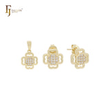 Kleines Schmuckset aus 14 Karat Gold in Kleeblattform mit weißen Zirkonia-Clustern, Anhänger und Ohrsteckern