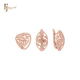 Conjunto de joyas de oro rosa con filigrana texturizada de rayos de sol ovalados y anillos