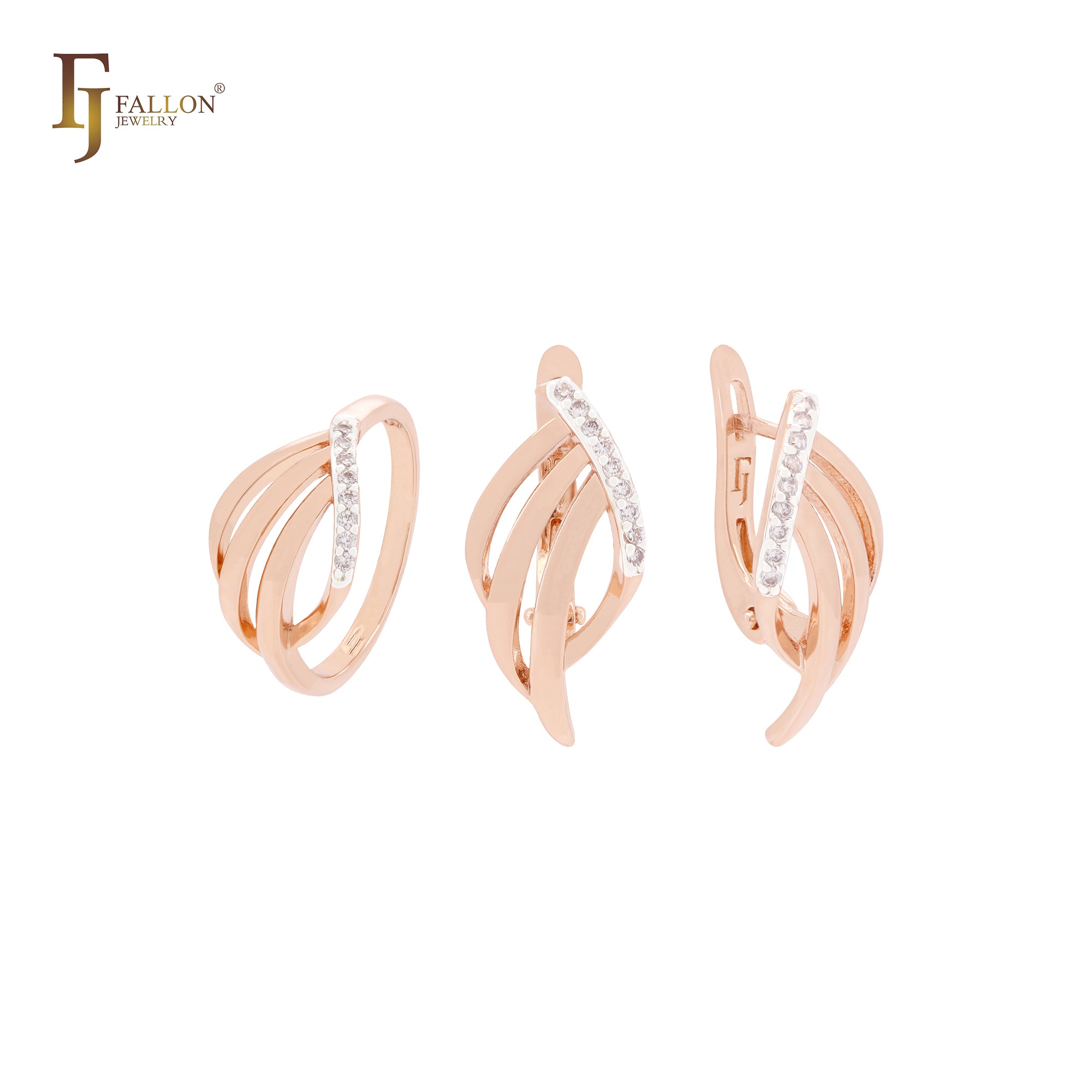 Dreifach geästetes geometrisches Schmuckset mit weißen Zirkonia in Roségold, zweifarbig, mit Ringen