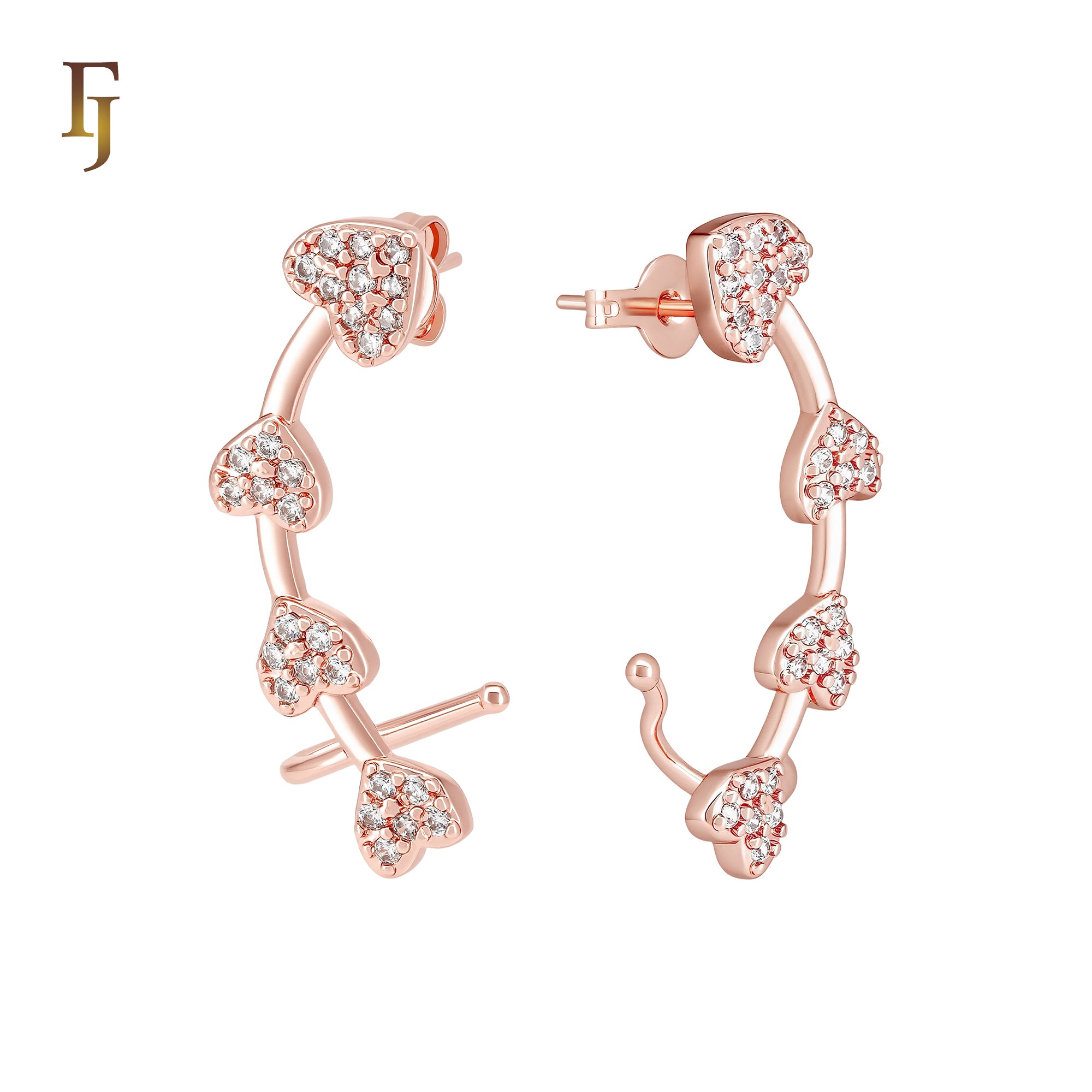 Hearty Heart of White CZs Cluster 14K Gold, Rose Gold Cuff Clip Stud Earrings