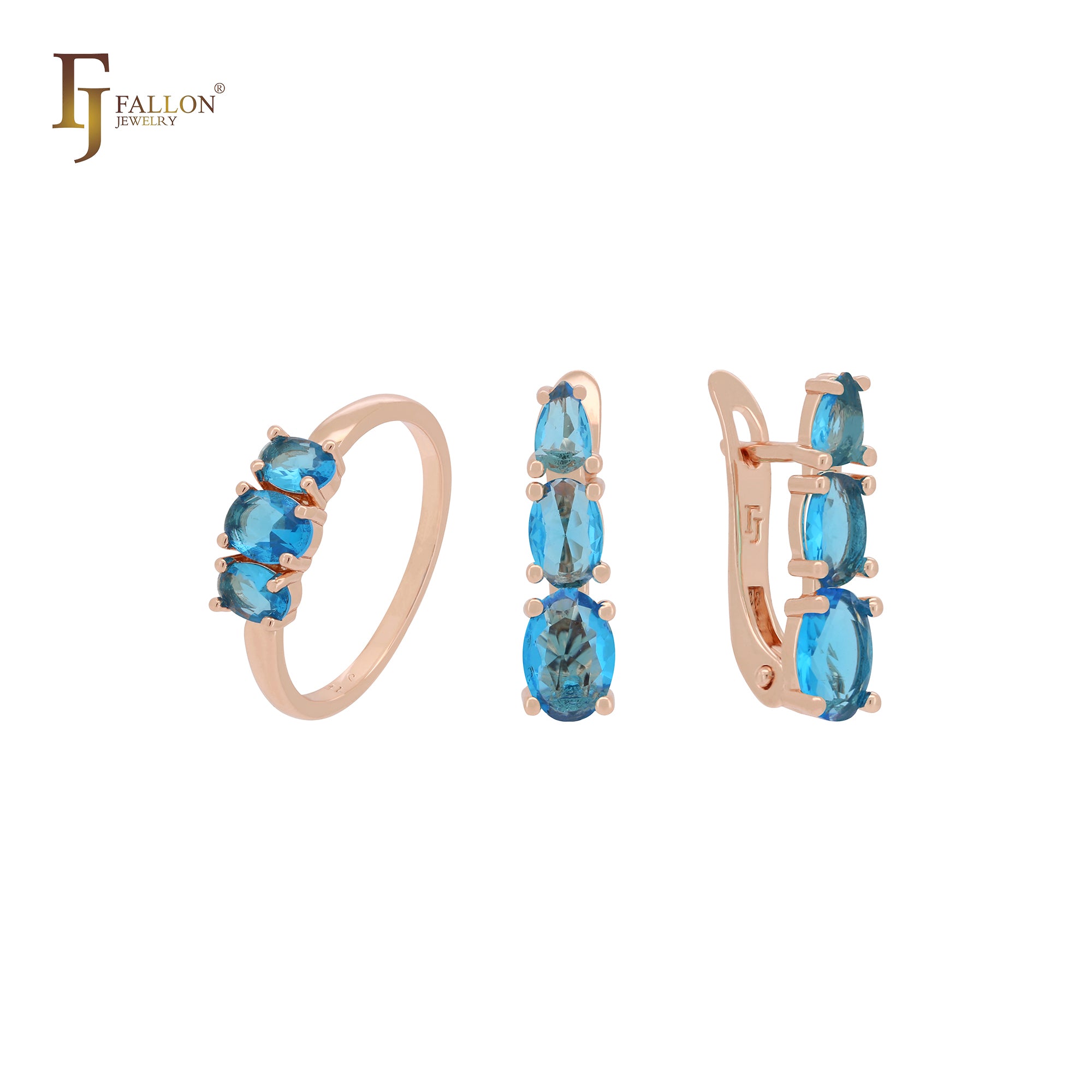 Dreifach-Cluster ozeanblauer Zirkonia Roségold-Schmuckset mit Ringen