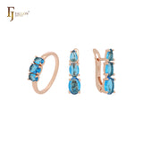 Dreifach-Cluster ozeanblauer Zirkonia Roségold-Schmuckset mit Ringen