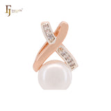 Interlock crossing white CZs Rose Gold two tone Pearl solitaire Pendant